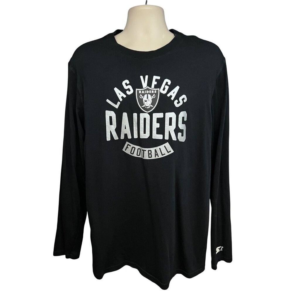 Starter Las Vegas Raiders NFL Football Black Silver Big Logo Spell Out T-Shirt L